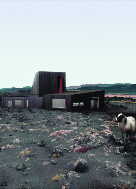 Fire-Burnt Cladding and Natural Rock Formations in a Volcanic Retreat