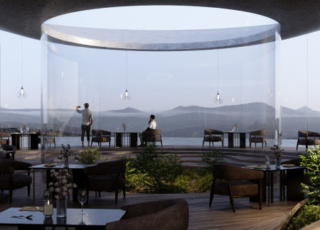 Transparent Glass Deck over Indoor Greenhouse Anchors Circular Restaurant in Volcanic Landscape