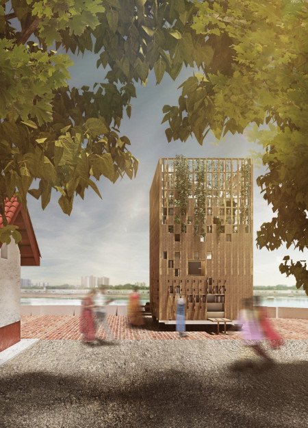 Reclaimed Wood Structure with Vertical Garden for Community Learning