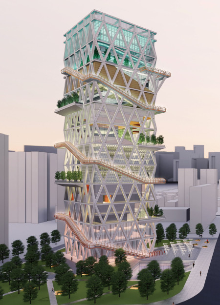 Elevated City Square Featuring Continuous Escalators and Multifunctional Spaces