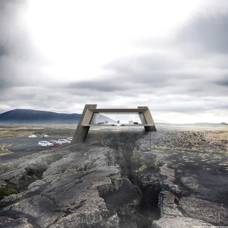 Zigzag Platform over Tectonic Fissure with Fiber Cement and Natural Stone