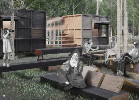 Bird Opera and Triangular Lounges in a Timber Food Court