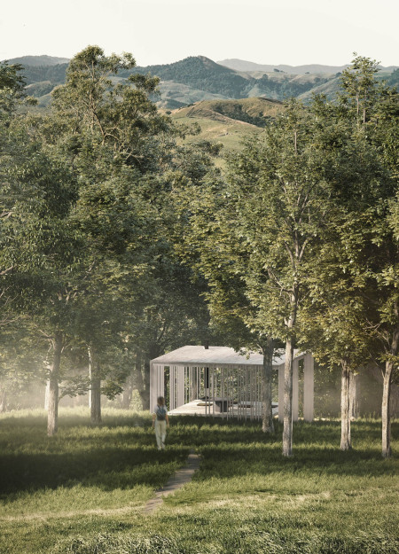 Detached Meditation Space Utilizing Local Timber and Concrete Integration Within a Forest Setting