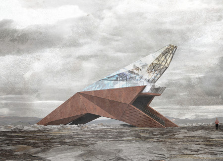 Weathered Steel Tower Bridging Tectonic Plates with Volcanic Tuff Interiors