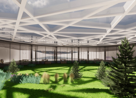 Triangular Crust Design Featuring Fairfaced Concrete and Volcanic Stone in a Multifunctional Greenhouse