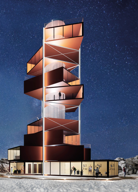 Geothermal Cylinder with Modular Wooden Terraces Overlooking Natural Landscapes