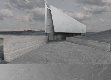 Dark Tuff Roof Reflecting Tectonic Movement in a Community Caf&eacute;