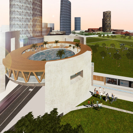 Concrete Structures and See-Through Pool Elevate Urban Wellness Hub