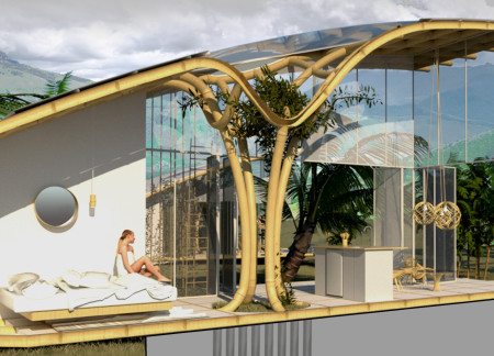 Bamboo Framework Embracing Climbing Vegetation in a Sustainable Living Space