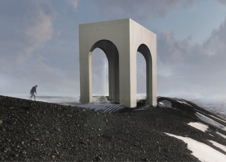 Elevated Stone Structure with Integrated Swings Overlooking a Volcanic Crater