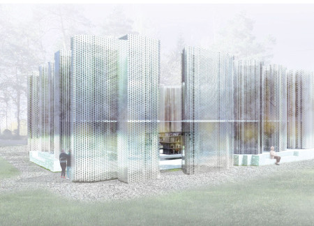Floating Opaque Stone Amidst Vertical Glass Columns in a Grassy Memorial Space