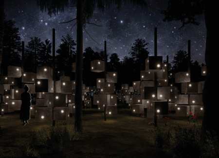 Vertical Marble Elements Creating Reflection Spaces in a Forest Setting