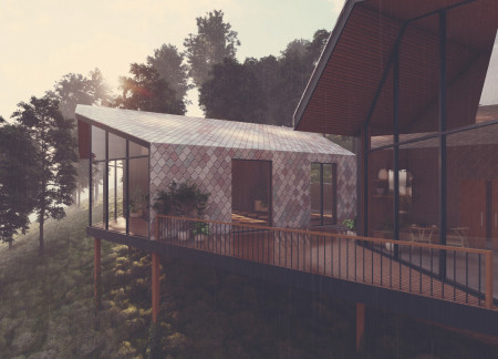 Charred Wooden Shingles and Cross-Laminated Timber Panels in a Multifunctional Community Space