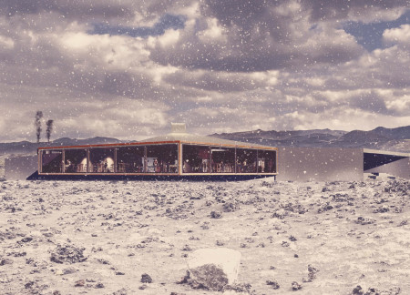 Twisted Roof Form Enhanced by Volcanic Rock and Glass in a Community Coffee Shop