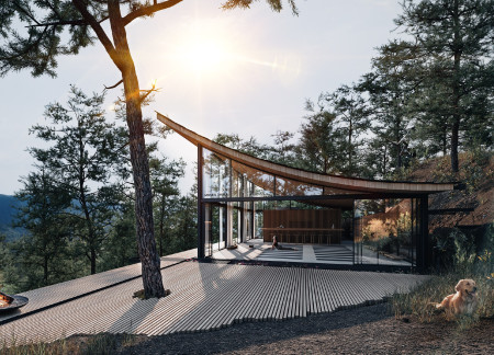 Curvilinear Roof of Rammed Earth and Pine in a Valley Yoga Retreat
