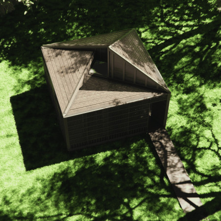 Curved Shelves and Movable Slats in a Timber Retreat for Meditation