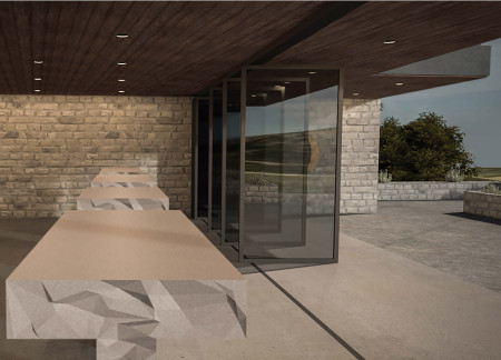Limestone Walls and Wooden Cabinetry in a Vineyard Tasting Room