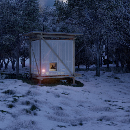Transparent Shelter Elevated on Stilts with Cross-Laminated Timber Panels and Environmental Integration