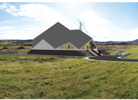 Faceted Roofline Featuring Volcanic Stone and Fire-Protected Spruce in a Multifunctional Setting