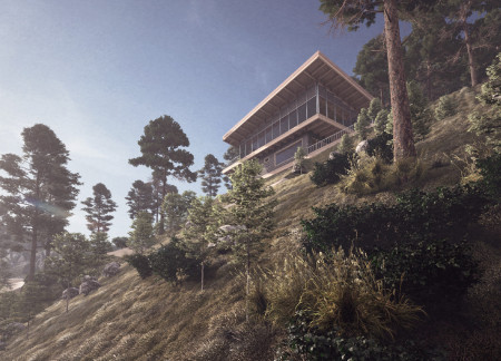 Thermal Mass and Glazed Overhang in a Yoga Studio Embracing the Landscape