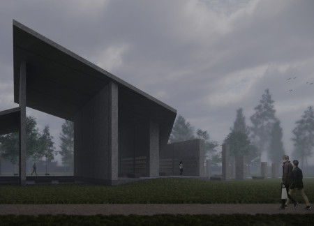 Recycled Concrete and Bronze Trims Within a Reflective Columbarium Design