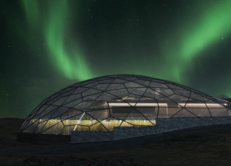 Geodesic Glass Dome Overlooking Hydroponic Greenhouse Dining Environment