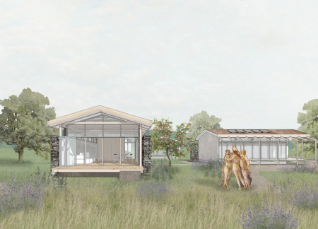 Charred Wooden Shingles and Local Stone Create Inviting Guest Houses for Communal Living