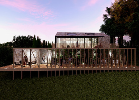 Vine Growth Among Stacked Fieldstone in a Tasting Room