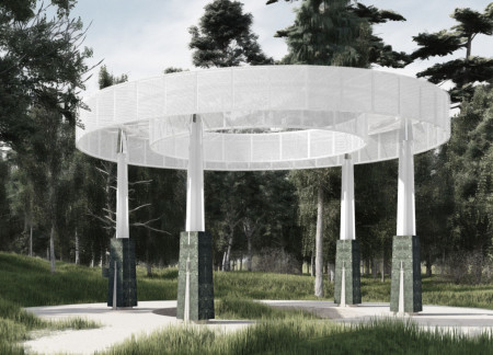 Circular Columbarium with Dark Green Marble Columns and Perforated Canopy Integration