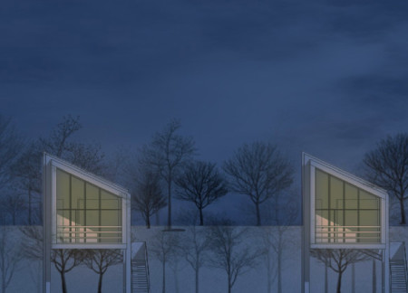 Elevated Living Pods with Isosandwich Panels Embracing Rocky Slopes