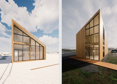 Prefabricated Wood Frame Visitor Center Featuring Fireplace and Geological Views