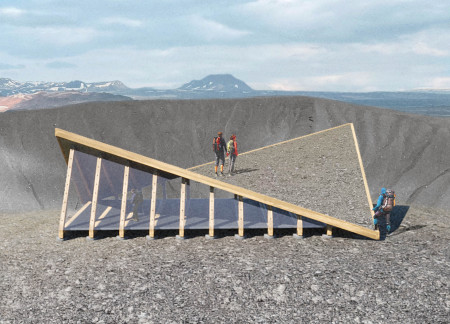 Tent-Like Structure with Timber Frame and Gravel Roof in Volcanic Landscape