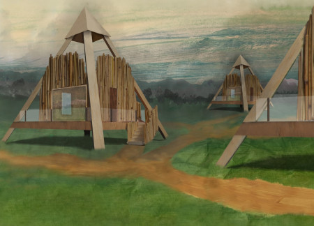 Pyramidal Forms Enhanced by Wood and Light in a Riverfront Community Einrichtung