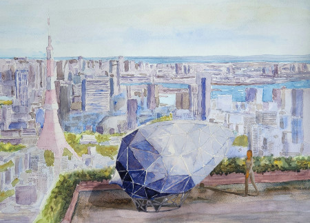 Triangular Steel Structure with Yoshino Wood Emphasizing Tranquility in Urban Meditation