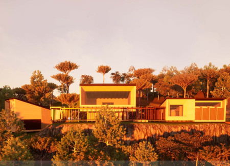 Rammed Earth Retreat Emphasizing Trikonasana in a Natural Landscape