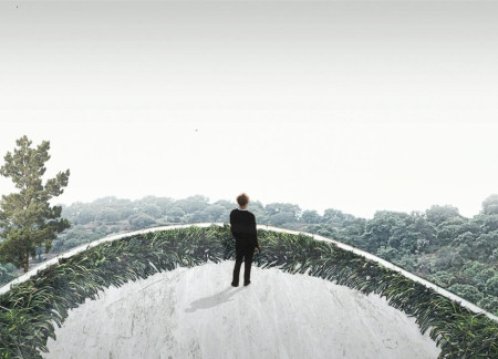 Recessed Glass Facade Featuring Sinuous Shapes and a Stone Curve Structure