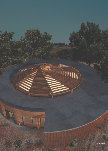 Dome-Covered Community Hub with Rammed Earth and Gabion Elements