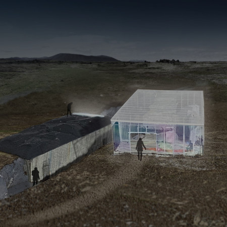 Volcanic Rock and Frosted Glass Intersecting Geological Forces in a Community Space