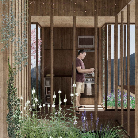 Mudbrick Structures Framed by Light Boxes and Natural Wood Elements