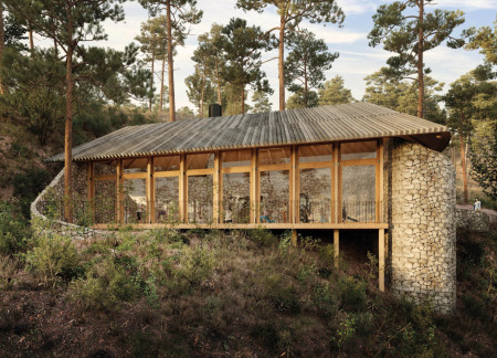 Glazed Stone Walls and Mass Timber Structure for a Harmonious Yoga Space