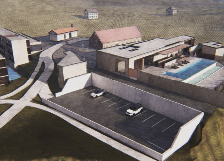 Weathering Steel Planters and Light Concrete Walls in Vineyard Hospitality