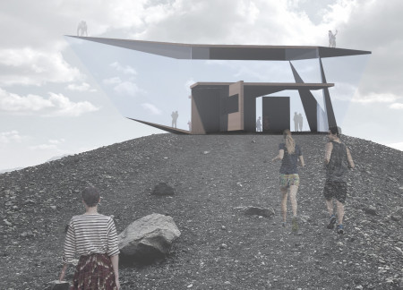 Viking Ship-Inspired Observatory Floating over Volcanic Crater
