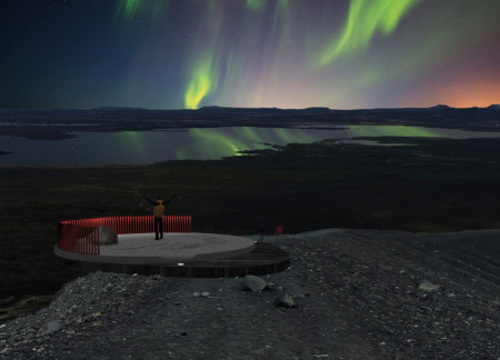 Engraved Concrete Disk Overlooking a Volcanic Crater with Reused Timber Steps