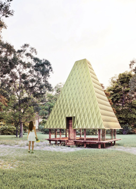 Pyramid Roof Cabin Crafted from Local Wood for Meditation and Reflection