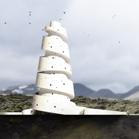 Spiraling Paths and Central Skylight in a Transcontinental Observation Tower