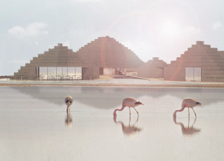 Adobe Structures with Wind Towers Overlooking Green Roofs in a Wetland Reserve