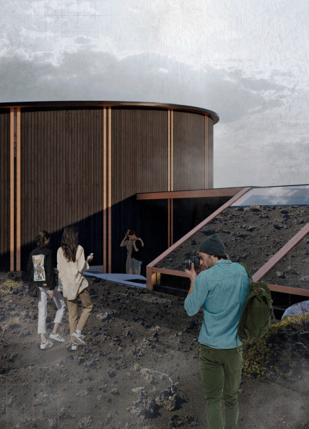 Burned Cedar Pavilion Integrated into Volcanic Landscape for Cinematic Experiences