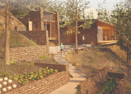 Gabion Walls and Local Stone Harmonize in a Sustainable Yoga Retreat
