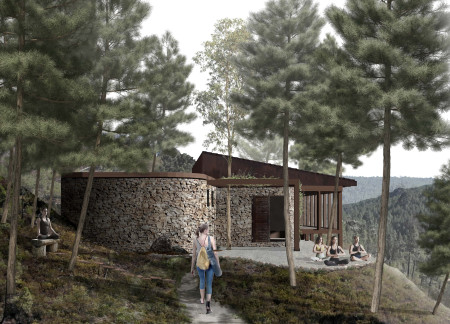 Elevated Structure with Hybrid Solar Panels and Natural Cork for Community Wellness