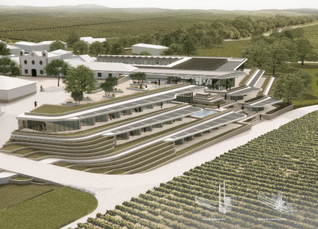 Natural Stone Terraces and Glass Panes Create Seamless Integration with Vineyard Landscape